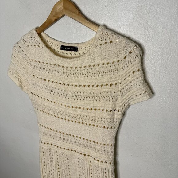 Zara Ivory Openwork Knit Dress Short Sleeve  Spring Fit & Flare Women’s Small - Picture 2 of 10